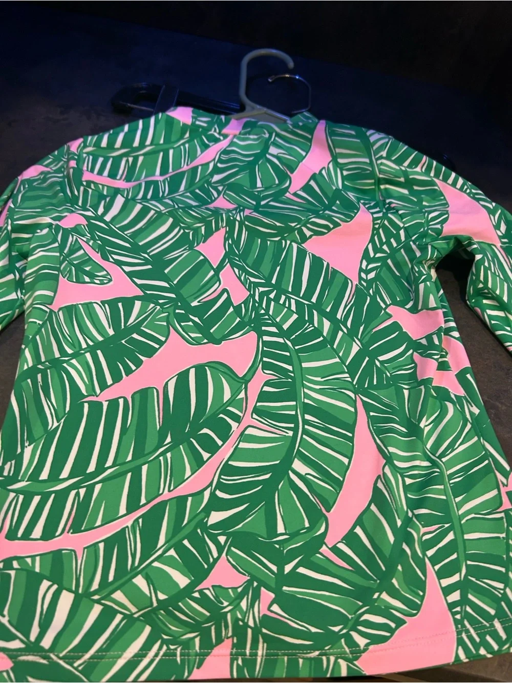 Lilly Pulitzer Green and Pink Tropical Leaf Rash Guard Skirt Swimsuit Set